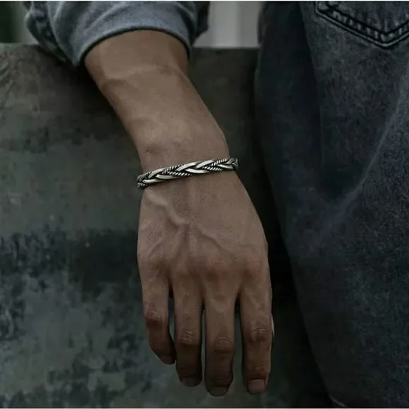 925 Silver Vintage Bangle Twisted Cuff Bracelet - Picture 2 of 7